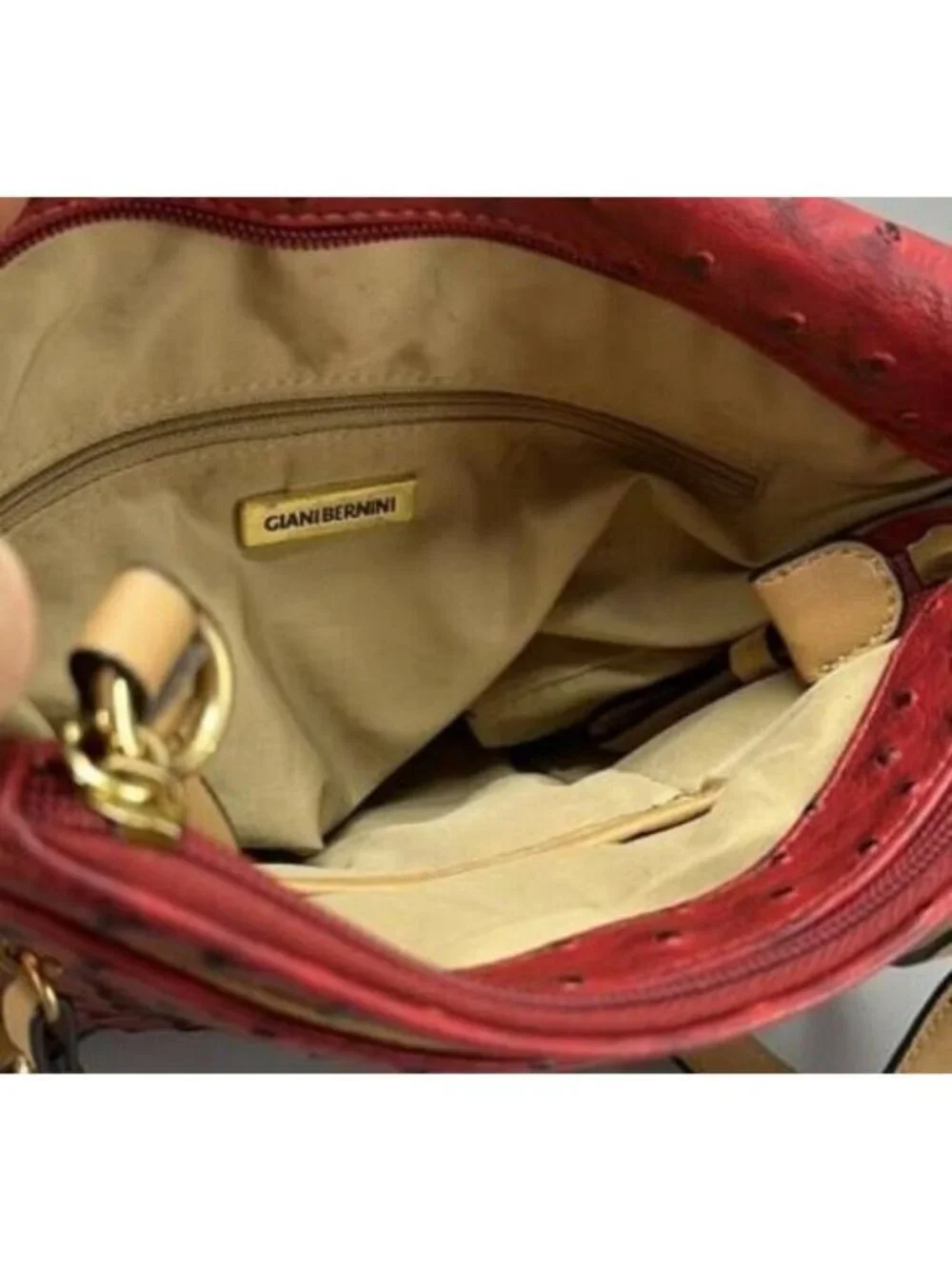 Giani Bernini Vibrant Red Ostrich Leather Crossbody Charm Satchel Handbag Wallet
